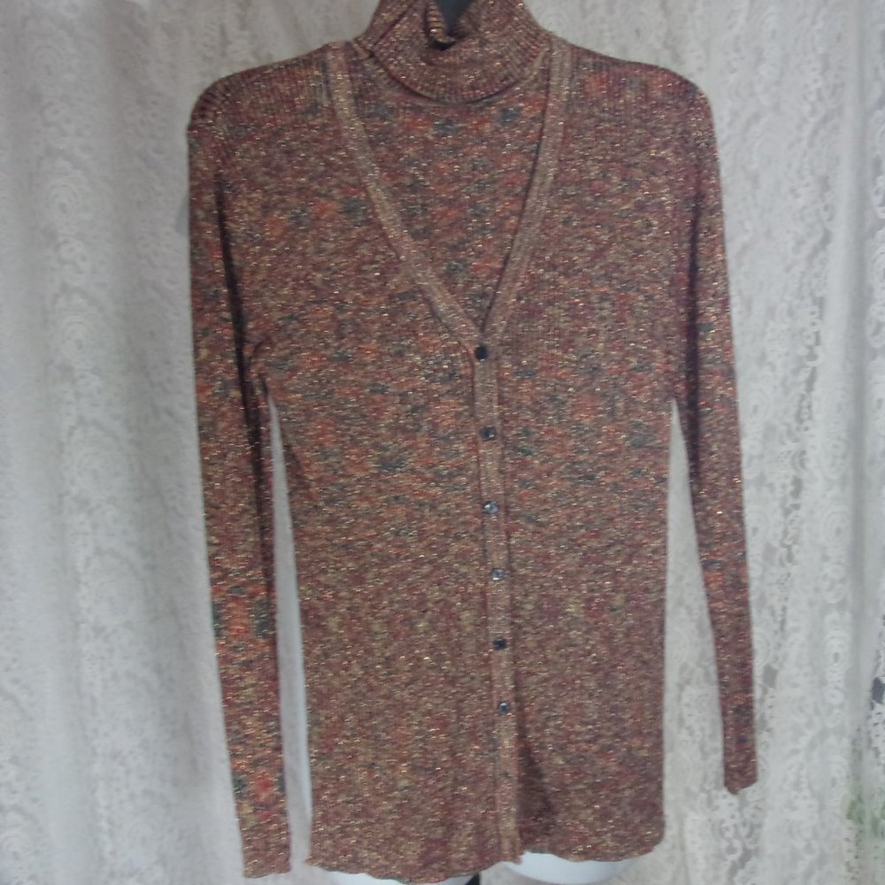 George Brown Gold Sparkle Cardigan Turtleneck Sweater Set NWOT Size L